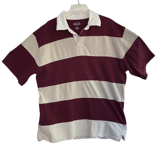 AUSTIN CLOTHING Co. Rugby Shirt Short Sleeve Maroon/Cream White Collar Size L - Picture 10 of 10
